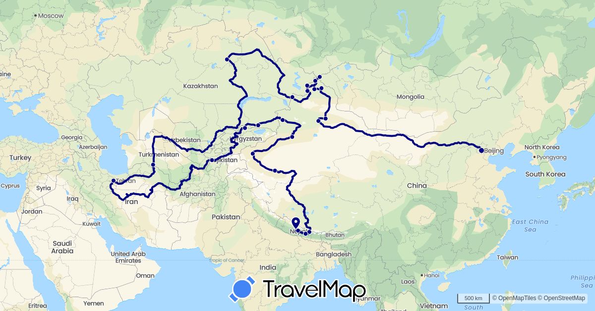 TravelMap itinerary: driving in China, Iran, Kyrgyzstan, Kazakhstan, Nepal, Tajikistan, Turkmenistan (Asia)